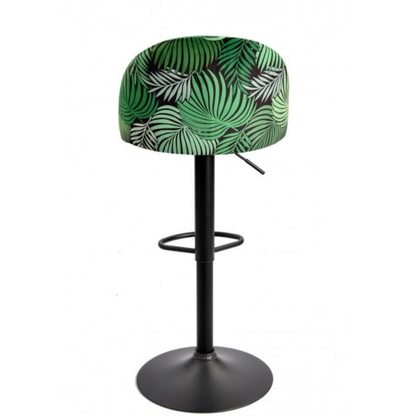 Taburete Flor en tejido velvet verde con trasera floral, estructura metálica negra y altura ajustable, ideal para barras y mesas altas.