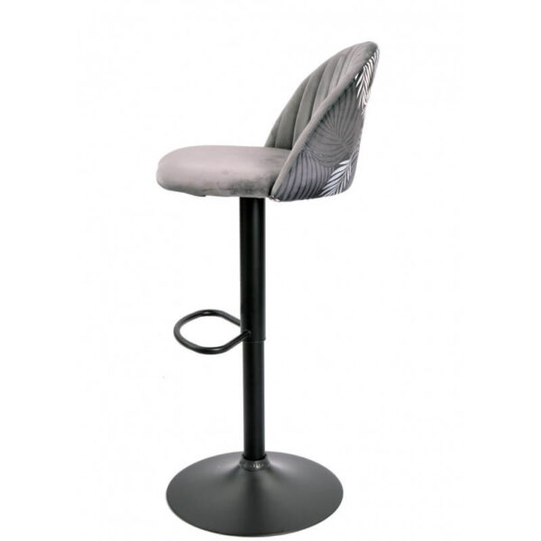 Taburete Flor en elegante tejido velvet gris con trasera floral a juego, estructura metálica negra y sistema de ajuste de altura.