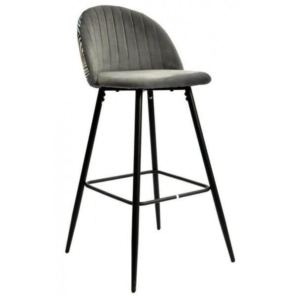 Taburete floral con respaldo decorado, tapizado en terciopelo gris y estructura metálica negra.