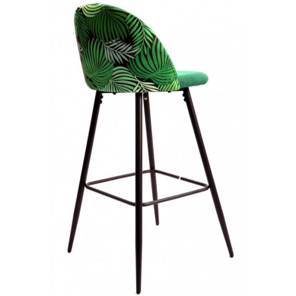 Taburete floral verde, con diseño exclusivo y respaldo decorado con estampado floral.