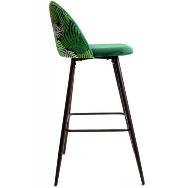 Taburete floral verde, con diseño exclusivo y respaldo decorado con estampado floral.
