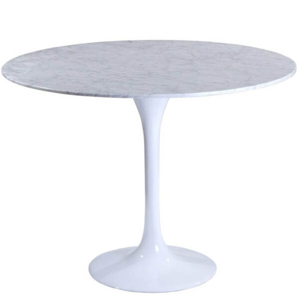 Mesa ovalada mármol blanco con base blanca de fibra de vidrio, elegante y funcional para cualquier espacio.