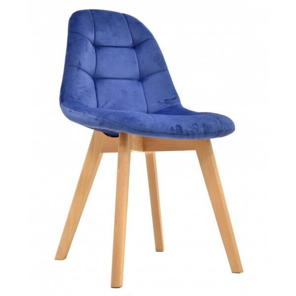 Silla de comedor tapizada en velvet con base de madera de haya, ideal para comedores modernos y elegantes.