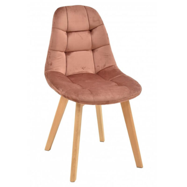 Silla de comedor tapizada en velvet con base de madera de haya, ideal para comedores modernos y elegantes.