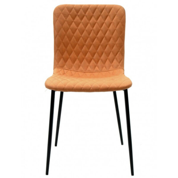 Sillas tapizadas con patas de metal disponible en colores naranja, gris claro y gris oscuro, patas metálicas negras, diseño moderno y funcional.