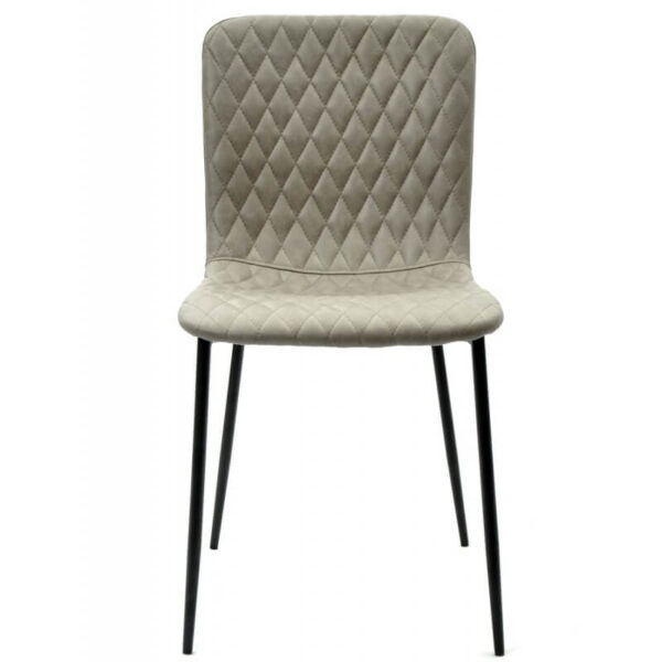 Sillas tapizadas con patas de metal disponible en colores naranja, gris claro y gris oscuro, patas metálicas negras, diseño moderno y funcional.