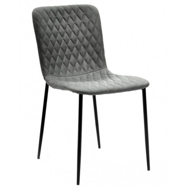 Sillas tapizadas con patas de metal disponible en colores naranja, gris claro y gris oscuro, patas metálicas negras, diseño moderno y funcional.