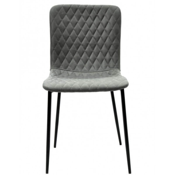 Sillas tapizadas con patas de metal disponible en colores naranja, gris claro y gris oscuro, patas metálicas negras, diseño moderno y funcional.