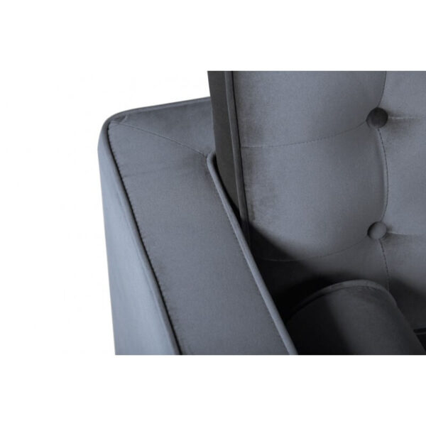 Sofá capitoné 2 plazas en velvet gris con base metálica de acero inoxidable