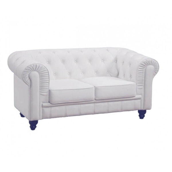 Sillón Chester industrial de 2 plazas tapizado en similpiel blanca con estructura de madera.