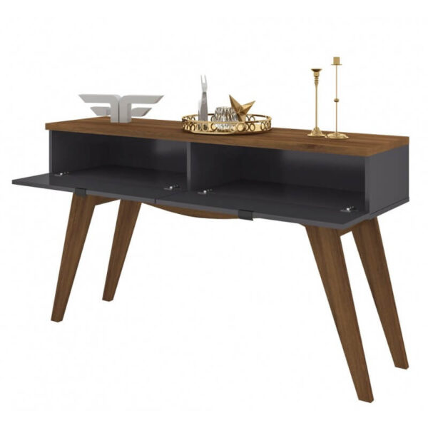Consola de madera para sala moderna con puertas abiertas, acabado marrón mate y gris grafito, ideal para almacenamiento discreto.