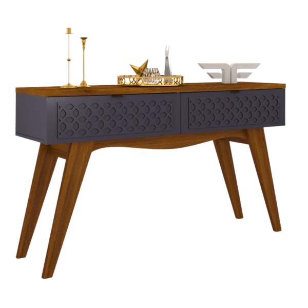 Consola de madera para sala moderna con diseño grabado, acabado marrón mate y gris grafito, ideal para espacios elegantes.