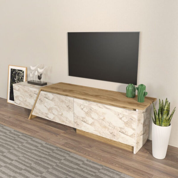 Mueble para TV de mármol blanco y roble PRUDENCE 180 cm con puertas oscilantes