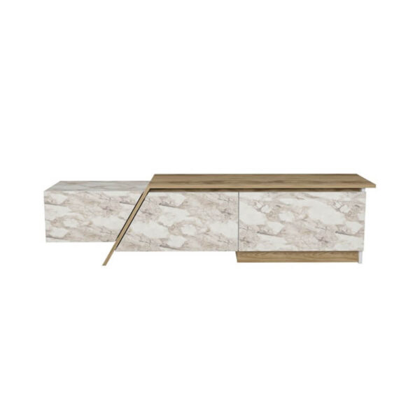 Mueble bajo TV mármol blanco con roble, ideal para salones contemporáneos