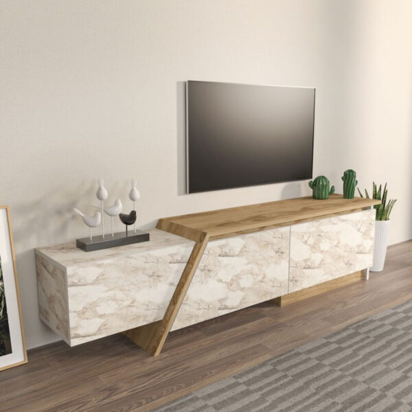 Mueble para TV de mármol PRUDENCE blanco liso y roble – 180 cm