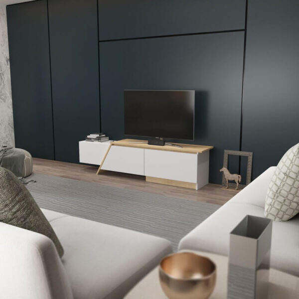 Mueble para TV de mármol blanco liso y roble PRUDENCE 180 cm con huecos interiores