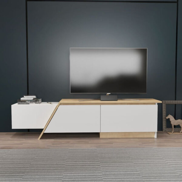 Mueble TV blanco y madera roble con 3 puertas, estilo moderno y funcional