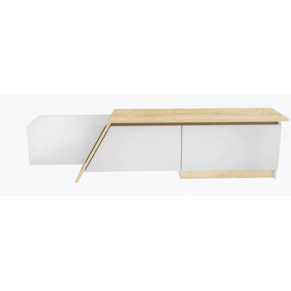 Mueble televisión blanco y roble con diseño elegante y almacenaje oculto