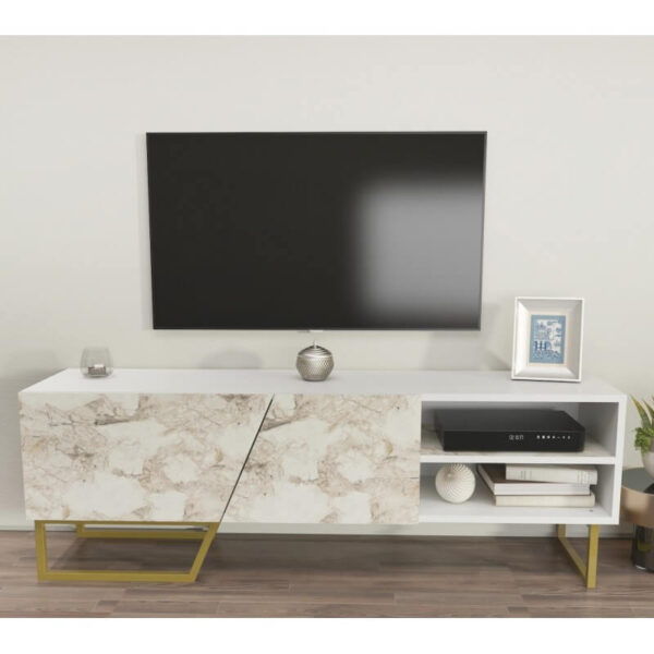Mueble TV mármol blanco MARCUS de 150 cm con base dorada y huecos laterales