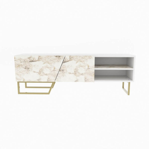 Mueble tv mármol blanco MARCUS con base dorada y hueco multimedia