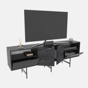 Muebles para TV industrial SIMON en color negro con puertas de mármol y estructura metálica
