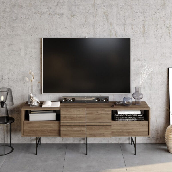 Mueble para TV industrial SIMON en acabado nogal oscuro con estructura metálica