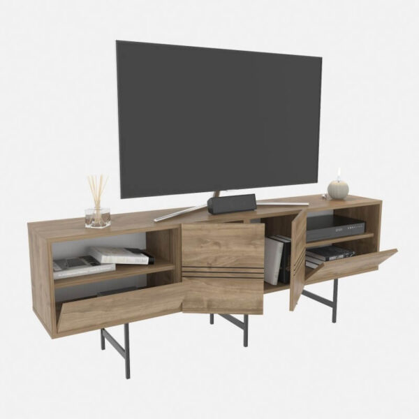 Mueble para TV industrial SIMON en acabado nogal con estructura metálica negra