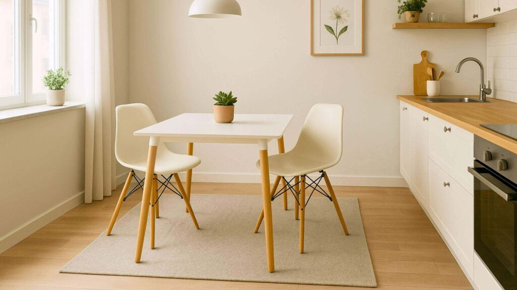Mesa de cocina cuadrada blanca moderna con sillas de patas de madera en cocina minimalista y luminosa