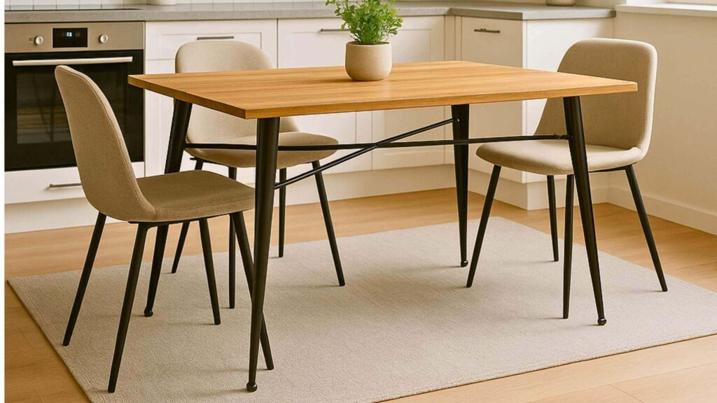 Mesa de cocina rectangular de madera clara con patas de metal negro y cuatro sillas tapizadas en un ambiente de cocina moderno