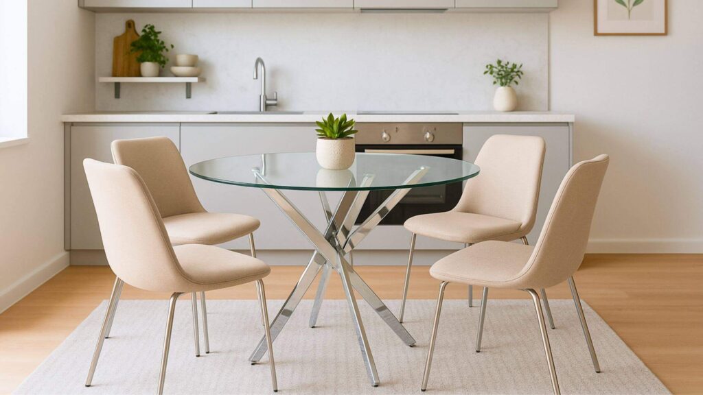 Mesa de cocina redonda de cristal con base cromada y cuatro sillas beige en cocina moderna minimalista