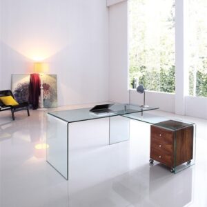 Escritorio oficina france new 170 conjunto en cristal curvado transparente con mesa auxiliar lateral