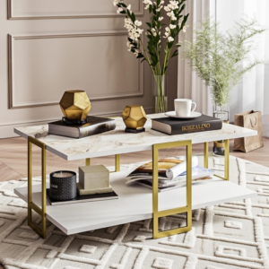 Mesa de centro SIENA 91,5 cms mármol blanco con soportes metal dorado para salón