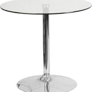 Mesa redonda BERNIE 70R con base cromada y tapa de cristal templado de 70 cm de diámetro