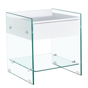 Mesa auxiliar DARLING de cristal templado con cajón blanco 45x45 cm para salón