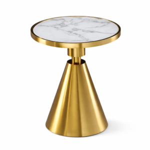 Mesa auxiliar JASSY BL redonda dorada con tapa cerámica imitación mármol blanco de 50 cm diámetro