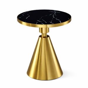 Mesa auxiliar JASSY NE redonda dorada con tapa cerámica imitación mármol negro de 50 cm diámetro