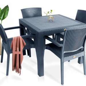 Mesa exterior Mijas 90 gris de polipropileno con imitación rattán para terraza y jardín