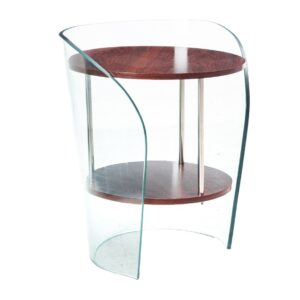 Mesa auxiliar MODBURY 50x50 cm cristal curvado transparente y estantes madera nogal para salón