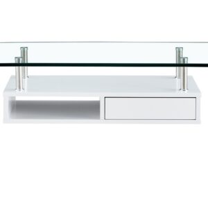 Mesa de centro NEWARK con cristal curvado transparente y cajón blanco 110x60 cm