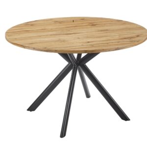 Mesa de madera para comedor OLITE redonda 120 cm diámetro con estructura metálica negra y acabado vintage