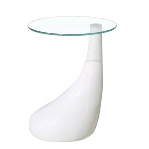 Mesa auxiliar PEAR redonda blanca con tapa de cristal templado 50 cms de diámetro