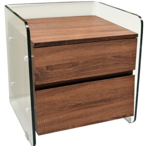 Mesa auxiliar SEBAS de cristal curvado transparente con dos cajones acabado madera vintage