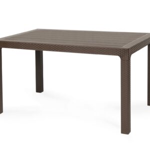 Mesa exterior tropical 140 chocolate de polipropileno imitación ratán para terraza y jardín 140x80 cm
