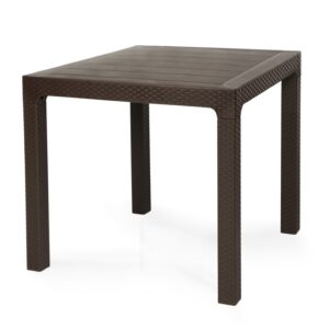Mesa exterior tropical 80 chocolate de polipropileno imitación ratán para terraza y jardín 80x80 cm