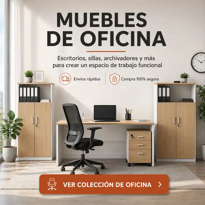 Muebles de oficina con escritorio, silla, cajonera y armarios para crear un espacio de trabajo funcional