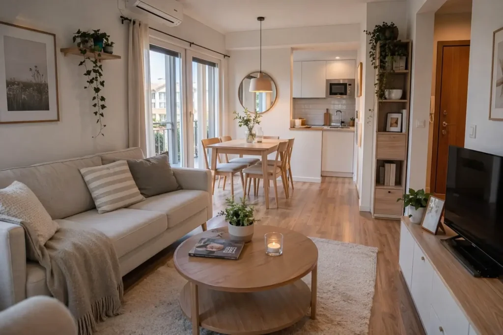 Muebles para pisos pequeños en salón moderno con sofá compacto, mesa de centro y comedor funcional