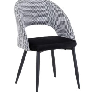 Silla tapizada cleo 52 negro velvet con respaldo pata de gallo blanco y negro y patas metálicas epoxi