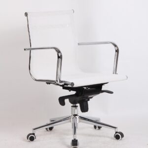 Silla de oficina max new 65 blanca basculante con respaldo medio en malla y brazos cromados