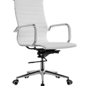 Silla de oficina oliver 65 blanca similpiel basculante con respaldo medio y brazos cromados vista frontal