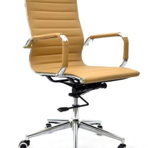 Silla de oficina oliver 65 marrón similpiel basculante con respaldo medio y brazos cromados